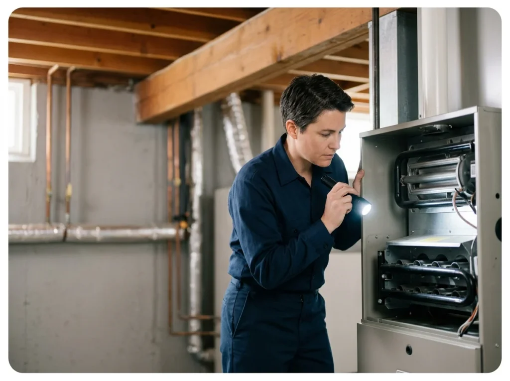 A technician inspecting the burners of an open gas furnace in a tidy mechanical room.