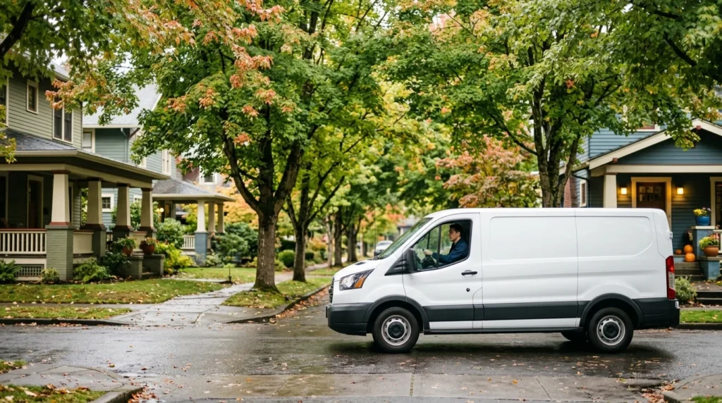 A white service van driving through a leafy Baton Rouge neighborhood on a service call.