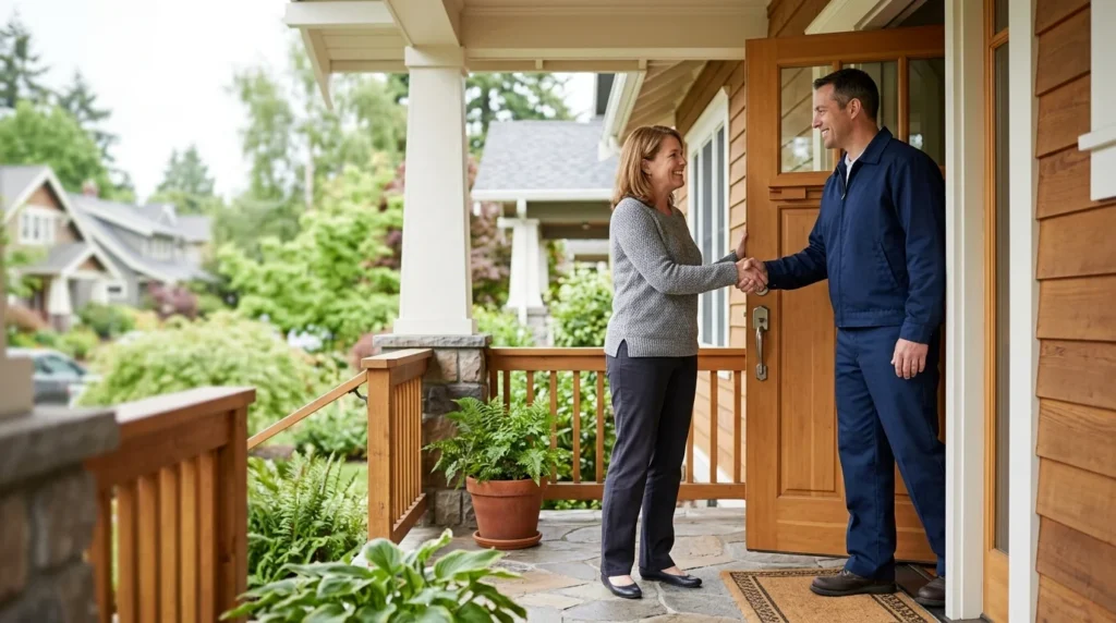 A technician shaking hands warmly with a homeowner on the front porch after a service visit.
