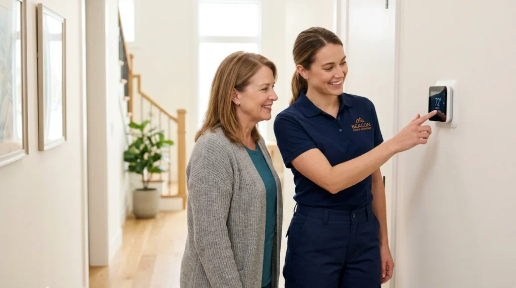 A technician showing a homeowner readings on a smart thermostat in a bright hallway.