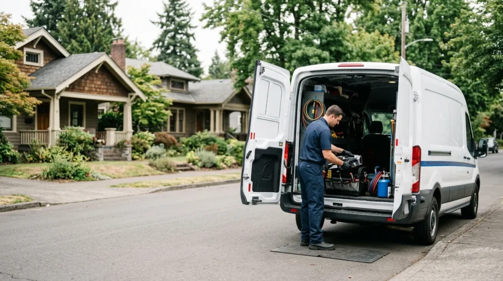 A service van with subtle blue branding and a technician unloading tools on a Baton Rouge street.